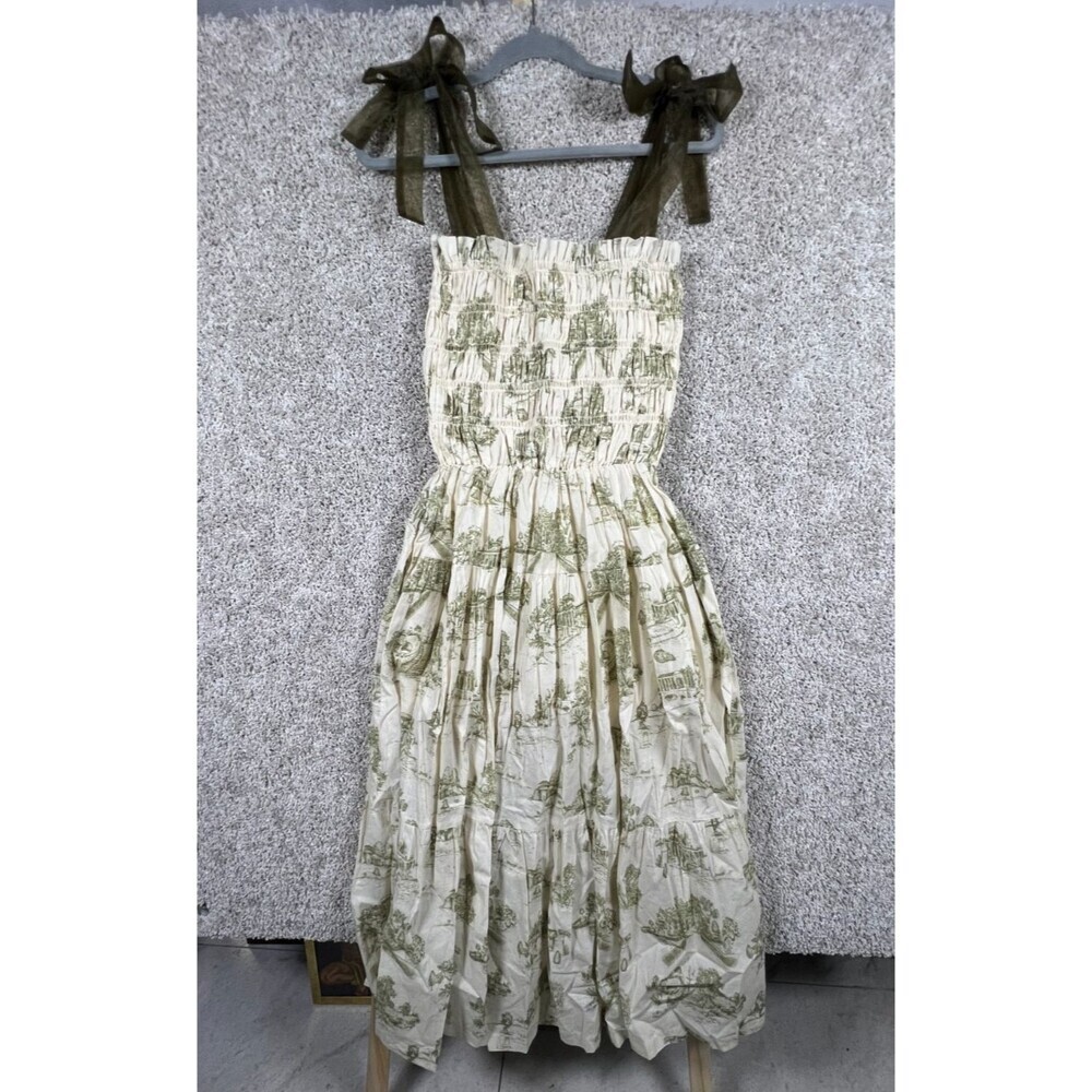 En Saison Wildflower Whisper 100% Cotton Ivory Green Floral Midi Dress SIZE S
